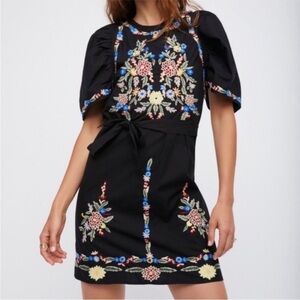 Free People Evangeline Floral Romantic Bohemian Embroidered Cotton Mini Dress